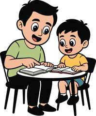 Father and Son Studying Together at Table, Education and Family Bonding Illustration
