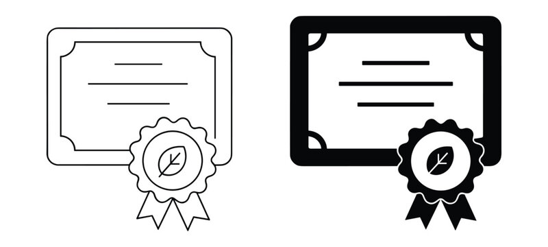 Certificate with Leaf Seal Icon Set Black and White Outline Vector Keywords: certificate, diploma, award, recognition