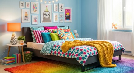 Vibrant and Playful Modern Bedroom with Colorful Decor, Gallery Wall, Rainbow Rug, and Cozy Bed Setup