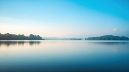 A serene landscape with a vast body of water and distant islands under a calm sky,