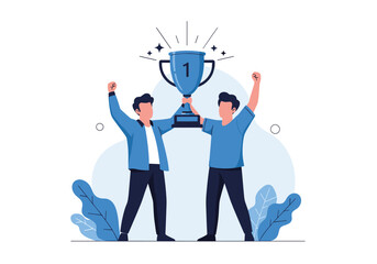 Two happy friends celebrating a major sports victory holding a golden trophy high