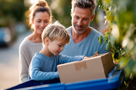 A family helps move a cardboard box toward a blue bin in a sunlit suburban street, capturing a moment of teamwork and care.
