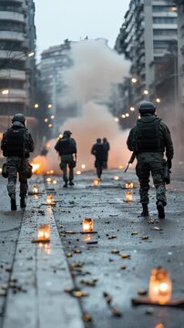 Urban riot wave: fire burst, rebellious march, crowd panic, explosive surge, protester anger, shattered order, violent protest, police line, smoke cloud, defiant stance, crisis mode