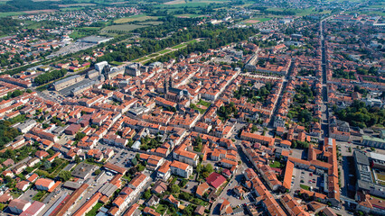 An aerial panorama view around the old town in the city Lunéville in France on a sunny afternoon in early spring