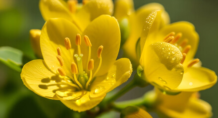 Close-up of vibrant yellow flowers showcasing delicate petals and detailed reproductive structures for botanical study