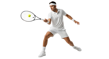 A determined man in white sportswear playing tennis with focus and agility on a white background