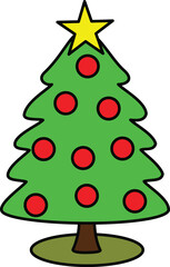 Simple Christmas Tree with Ornaments and Star, Festive and Merry Christmas Tree Vector, 