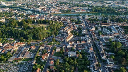 An aerial panorama view around the old town in the city Château-Thierry in France on a sunny afternoon in early spring
