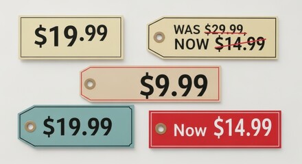 Various price tags on a neutral background showcasing discounted prices