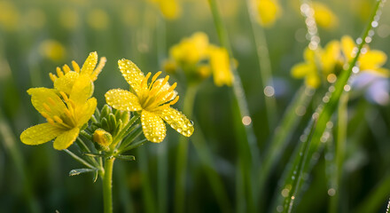 Golden blooms bathed in morning dew, capturing the delicate beauty of nature