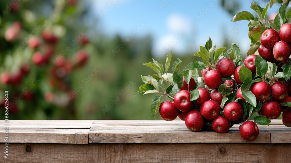 Poster lush red apples rest on branches surrounded by greenery, creating a picturesque orchard view with a 