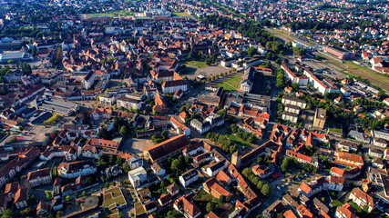 An aerial panorama view around the old town in the city Haguenau in France on a sunny afternoon in early spring