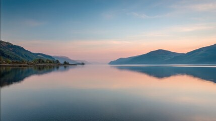 Fototapeta premium A tranquil lake scene at dusk or dawn with soft purples, blues, and pinks reflecting off calm water,