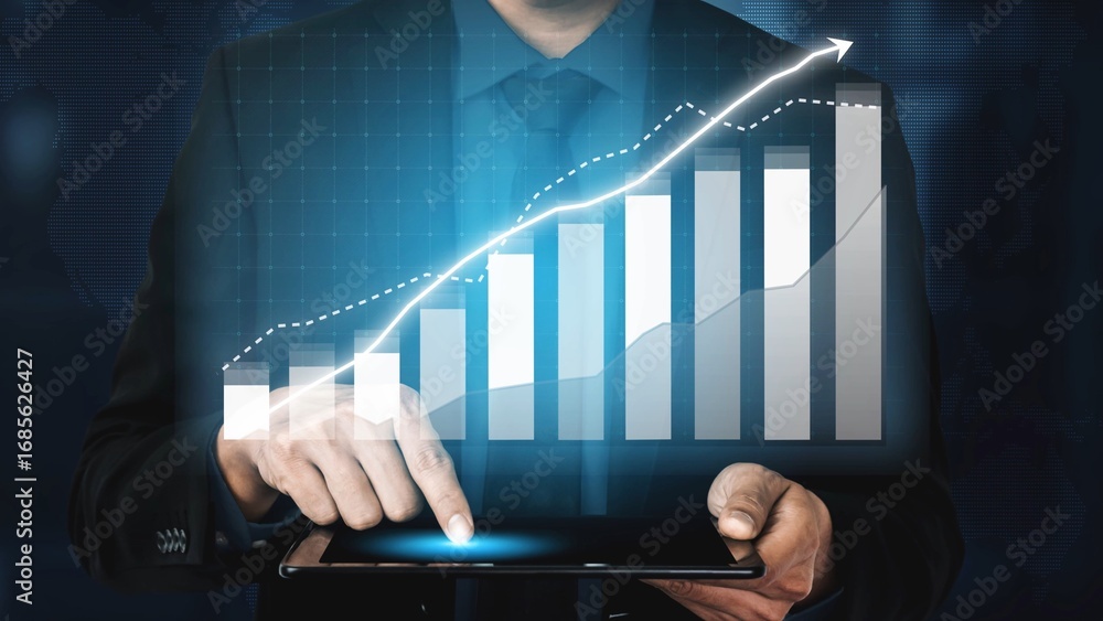 Poster a businessman interacts with a tablet displaying digital graphs and data analytics, representing gro