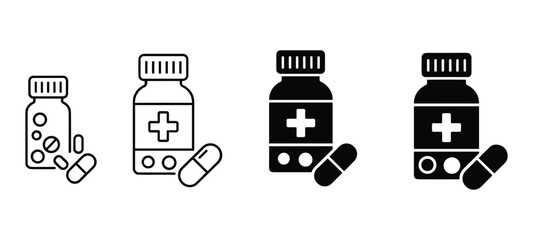 Icons of medicine bottles and pills in outline and solid black styles Keywords: medicine, pills, capsules, bottle, container