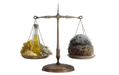 Antique-style balance scales with a vial of oil and herbs on one side and a clump of coarse fibers on the other