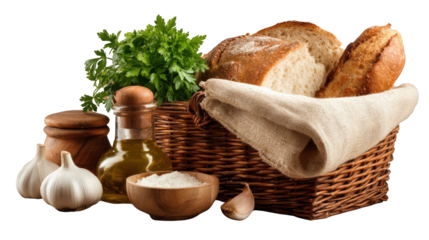 Basket of fresh bread, herbs, and oils
