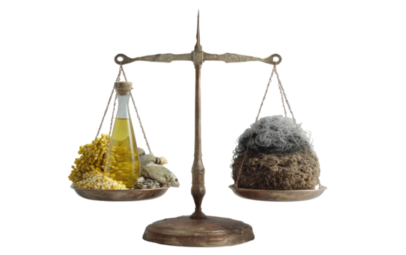 Antique-style balance scales with a vial of oil and herbs on one side and a clump of coarse fibers on the other