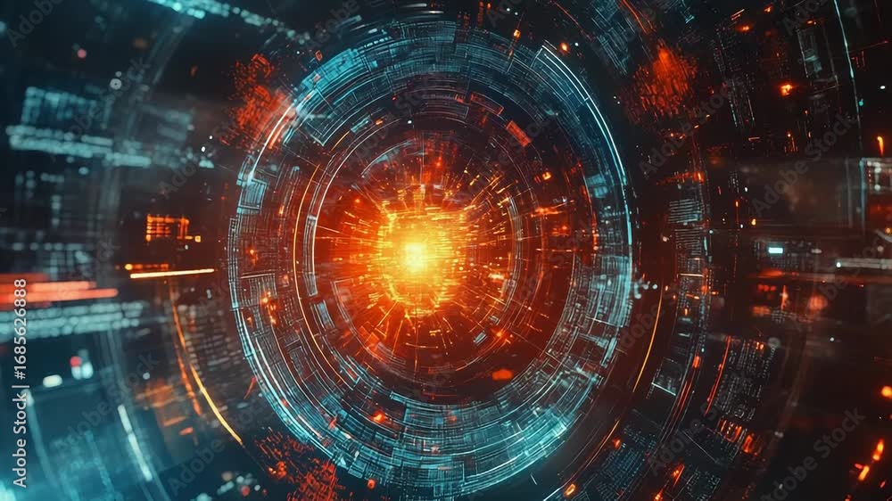 Poster futuristic technological tunnel rotating with digital information flowing