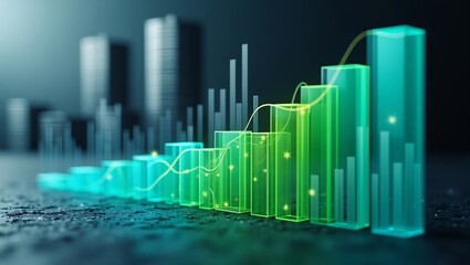 Glowing green and blue financial bar graphs with a rising line, set against a cityscape backdrop.