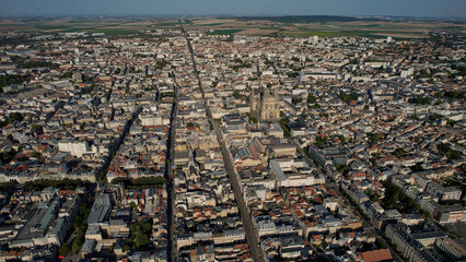 An aerial panorama view around the old town in the city Reims in France on a sunny afternoon in early spring