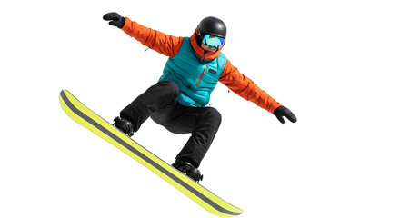 Obraz premium A snowboarder in mid-air performing a trick against a white background, showcasing winter sports and outdoor adventure
