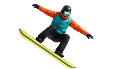 A snowboarder in mid-air performing a trick against a white background, showcasing winter sports and outdoor adventure