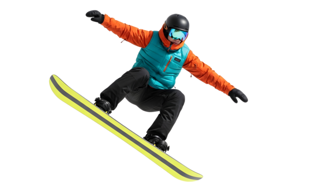 A snowboarder in mid-air performing a trick against a white background, showcasing winter sports and outdoor adventure
