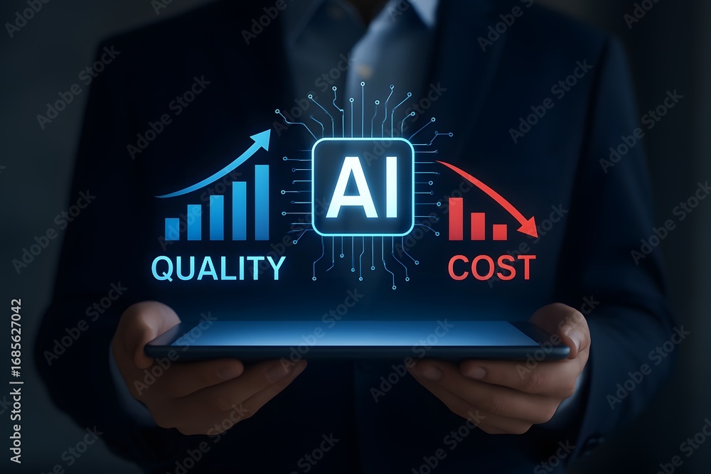 Poster ai powered business optimization, cost reduction and quality control, artificial intelligence driven