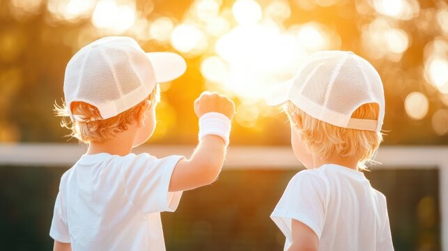 Bonding Siblings high fiving after scoring a point in a family tennis match, enjoying each other.