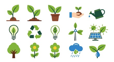Collection of environmental icons showing plant growth, recycling, renewable energy, and nature elements.