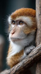 Obraz premium Thoughtful Monkey Portrait Leaning Against a Tree Trunk, Close Up