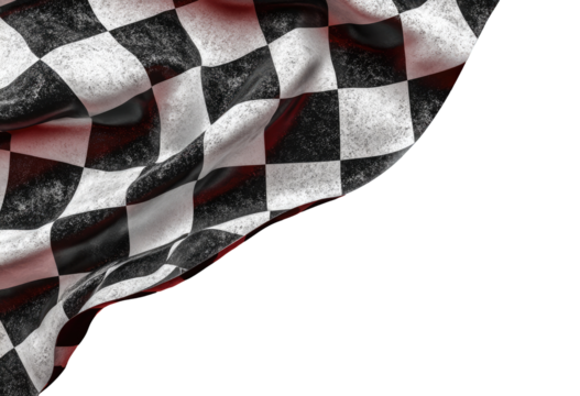 Checkered racing flag billowing, black and white squares, textured, draped, isolated on black background