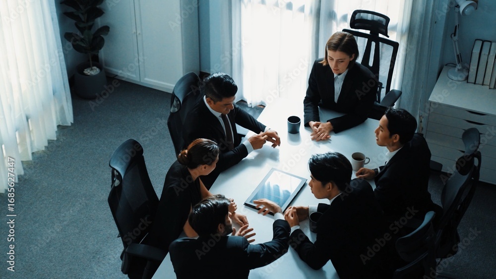 Poster top view of diverse business team discuss about marketing idea while businessman analyze financial g
