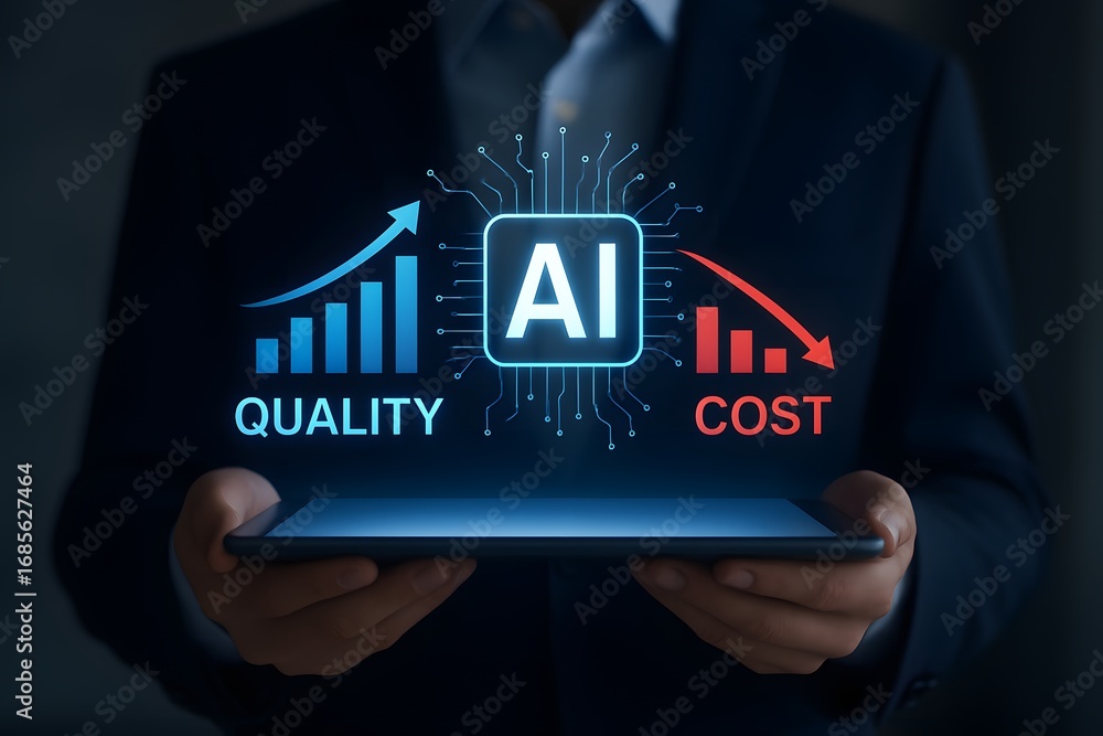 Poster ai powered business optimization, cost reduction and quality control, artificial intelligence driven