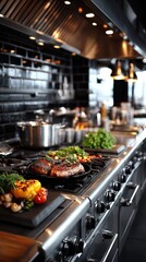 Gourmet Steak Dinner Preparation on a Professional Kitchen Range
