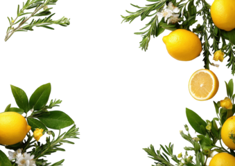 Fresh lemons and herbs arranged in a frame