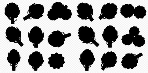Various black silhouettes of fresh artichokes displayed in different orientations against a transparent background.