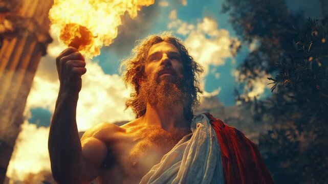 Prometheus light carrier: heroic bringer, blazing torch, mythic tale, divine element, sacred energy, radiant flame, ancient myth, celestial heat, glowing strength, eternal power, symbolic spark,