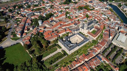 An aerial panorama view around the old town in the city Verdun in France on a sunny afternoon in early spring