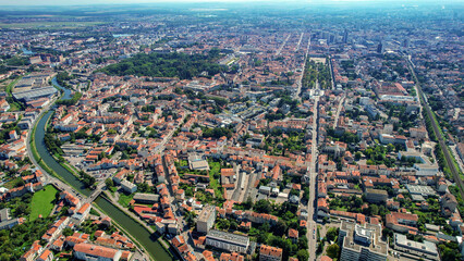 An aerial panorama view around the old town in the city Nancy in France on a sunny afternoon in...