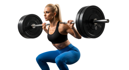 Woman performing a barbell back squat, a fundamental exercise for building strength and muscle in the lower body