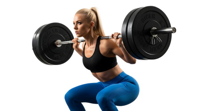 Strong blonde woman performing a barbell squat in a gym, focusing on form and strength training