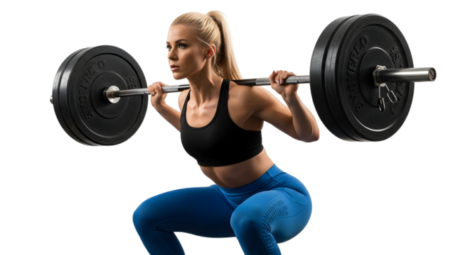 Focused athletic woman performing a barbell squat exercise with determination in a gym setting