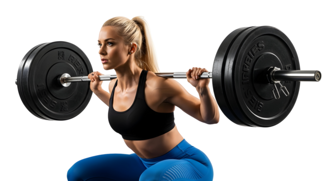 Fit woman lifting heavy barbell during weight training workout on a white background - Powered by Adobe