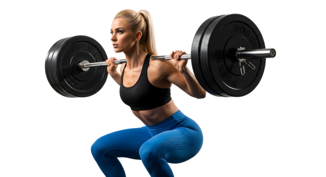 Woman performing a barbell back squat, a fundamental exercise for building strength and muscle in the lower body