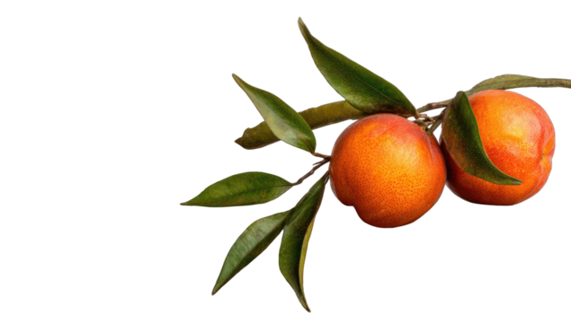 Close-up of two ripe oranges on a branch