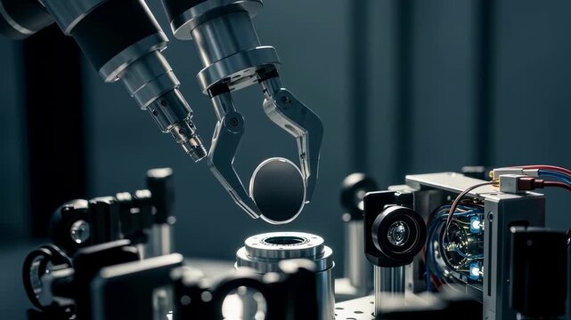 Closeup of a remotecontrol robotic arm placing delicate optical mirrors into a laser transmitter assembly for interplanetary communication systems.