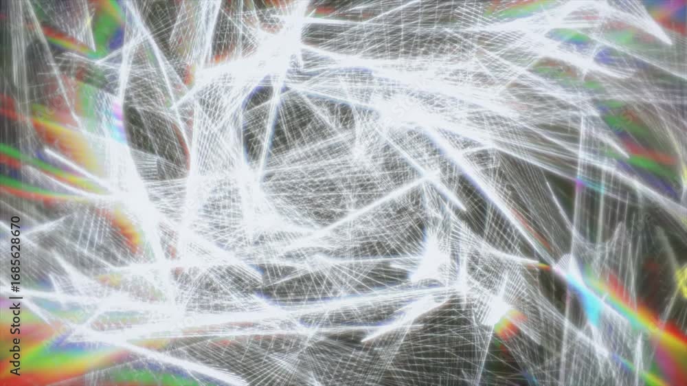 Poster a vibrant abstract animation features dynamic lines and rainbow colors against a dark backdrop, spar