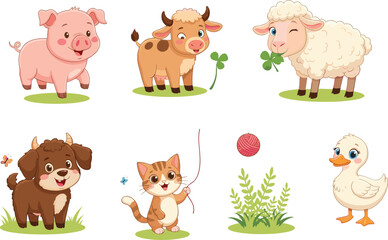 Obraz premium Cute farm animals illustration, happy pig, playful cow, winking sheep, cheerful goat, adorable cat with yarn, and sweet duckling cartoon.